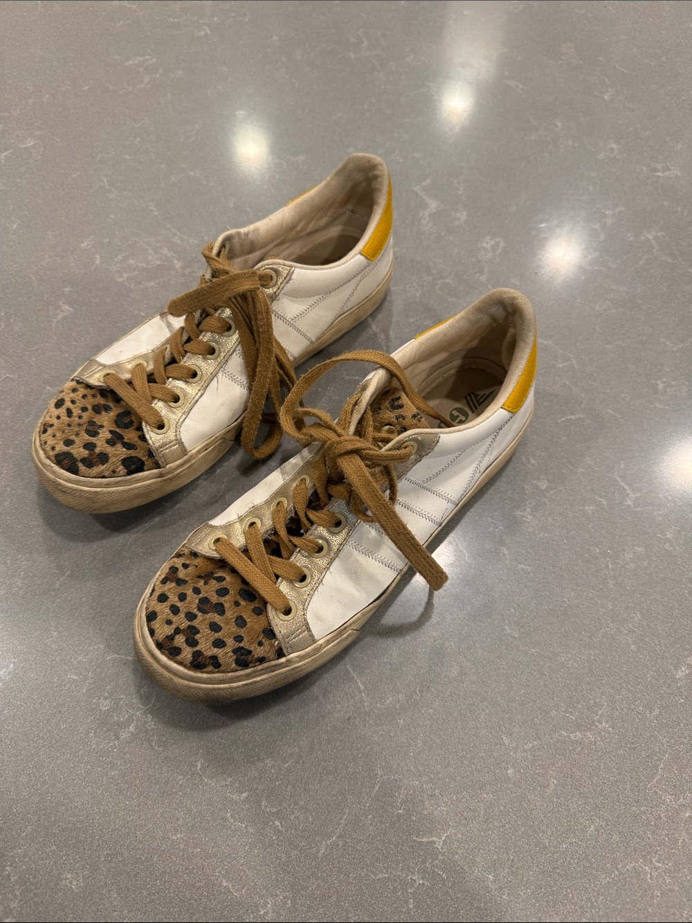 Gola White Leather Sneakers with Leopard Toe and Mustard Heel
